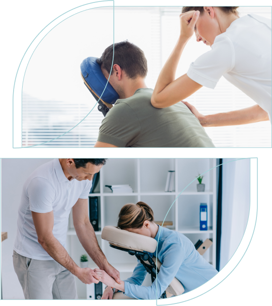 Corporate chair massage session, easing desk tension and stress.